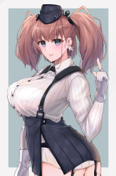 Rule 34 | 1girl, absurdres, atlanta (kancolle), ayuko91, black hat, black skirt, blush, breasts, brown hair, dress shirt, earrings, garrison cap, garter straps, gloves, grey eyes, hat, high-waist skirt, highres, huge breasts, jewelry, kantai collection, large breasts, long hair, long sleeves, partially fingerless gloves, shirt, skirt, solo, star (symbol), star earrings, suspender skirt, suspenders, two-tone background, two side up, white shirt