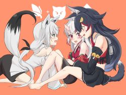Rule 34 | 3girls, ahoge, all fours, animal ear fluff, animal ears, barefoot, bell, black hair, black kimono, black shirt, black shorts, black skirt, blue eyes, blush, bow, bra, breasts, brown eyes, commentary request, detached sleeves, face-to-face, feet, fox ears, fox girl, fox tail, hair bow, highres, hololive, horns, hug, hug from behind, japanese clothes, jingle bell, kagami yoshino, kimono, knees up, legs, long hair, multicolored hair, multiple girls, nakiri ayame, off shoulder, ookami mio, open mouth, ponytail, red bra, red eyes, red sleeves, ribbon, shirakami fubuki, shirt, short kimono, shorts, sitting, skirt, smile, streaked hair, tail, thighs, toes, underwear, virtual youtuber, white hair, white shirt, white sleeves, wolf ears, wolf girl, wolf tail, yuri