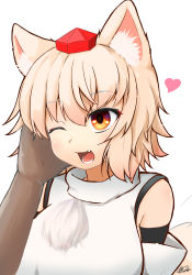 Rule 34 | 1girl, animal ear fluff, animal ears, brown eyes, dark skin, fang, hat, heart, highres, inubashiri momiji, looking at viewer, one eye closed, open mouth, otomen maru-no-uchi, pom pom (clothes), red headwear, short hair, simple background, solo focus, tokin hat, touhou, upper body, white background, white hair, wolf ears