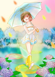 Rule 34 | 1girl, boots, brown eyes, brown hair, dress, flower, hair ornament, hairclip, happy, hydrangea, original, paint, rain, rubber boots, short hair, solo, tree, umbrella