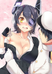 Rule 34 | 10s, 1boy, 1girl, admiral (kancolle), bad id, bad pixiv id, black gloves, blush, breasts, cleavage, collarbone, eyepatch, fingerless gloves, gloves, headgear, kantai collection, large breasts, military, military uniform, naval uniform, open mouth, partially fingerless gloves, personification, short hair, tenryuu (kancolle), undressing, uniform, yappen, yatsu (sasuraino), yellow eyes