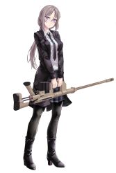 Rule 34 | 1girl, absurdres, aged up, black footwear, black jacket, black necktie, black pantyhose, black skirt, bolt action, boots, cheytac m200, collared shirt, commentary, english commentary, girls&#039; frontline, grey hair, gun, high heel boots, high heels, highres, holding, holding gun, holding weapon, jacket, long hair, looking at viewer, m200 (girls&#039; frontline), necktie, open clothes, open jacket, pantyhose, pleated skirt, ponytail, purple eyes, rifle, shirt, sidelocks, skirt, sniper rifle, solo, user zzhx5244, weapon, white background, white shirt