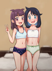 Rule 34 | 2girls, :d, abs, ann (pokemon), black hair, blunt bangs, blurry, blurry background, blush, brown hair, collarbone, commentary request, cowlick, creatures (company), crop top, fang, game freak, hand up, highres, indoors, knees, liko (pokemon), midriff, multiple girls, navel, nervous, nintendo, open mouth, panties, pokemon, pokemon (anime), pokemon horizons, purple eyes, shirt, smile, sweat, tkgsippo, underwear, v, white shirt