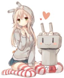 Rule 34 | 1girl, :3, alternate costume, blonde hair, blue skirt, blush, cosplay, heart, hood, hoodie, kantai collection, komeshiro kasu, lifebuoy, long hair, long sleeves, no shoes, rensouhou-chan, rensouhou-chan (cosplay), shimakaze (kancolle), simple background, skirt, solo, striped clothes, striped thighhighs, swim ring, thighhighs, white background