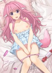 Rule 34 | 10s, 1girl, alternate hairstyle, animal ears, billion (billion0103), blush, breasts, collarbone, covering crotch, covering privates, dog days, dog ears, dog girl, dog tail, female masturbation, frilled pillow, frills, hair down, hitachi magic wand, lying, masturbation, millhiore f. biscotti, nipples, on back, open mouth, panties, panty pull, pillow, pink hair, pink panties, purple hair, pussy juice, remote control vibrator, sex toy, solo, tail, trembling, underwear, vibrator