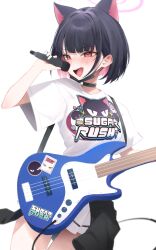 Rule 34 | 1girl, :d, absurdres, animal ears, black choker, black hair, blue archive, blunt bangs, blush, cat ears, choker, clothes writing, colored inner hair, commentary, cowboy shot, english text, extra ears, guitar, halo, hand up, happy, highres, holding, holding microphone, instrument, kazusa (band) (blue archive), kazusa (blue archive), looking afar, microphone, mukana meme, multicolored hair, open mouth, pink hair, pink halo, red eyes, round teeth, shirt, short hair, short sleeves, simple background, smile, solo, straight hair, teeth, tsurime, upper teeth only, white background, white shirt