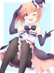 Rule 34 | 1girl, ;d, alternate costume, animal costume, aru (arudes), bare shoulders, black bow, black gloves, black pantyhose, black ribbon, blush, border, bow, commentary request, convenient leg, elbow gloves, eyelashes, feet out of frame, flower, frilled skirt, frills, gloves, gochuumon wa usagi desu ka?, hair between eyes, hands up, happy, hat, hat bow, hat flower, highres, hoto cocoa, index finger raised, knees up, light blue background, looking at viewer, mini hat, one eye closed, one side up, open mouth, orange hair, pantyhose, pink flower, pink rose, pink skirt, purple eyes, ribbon, rose, salute, shirt, short hair, sidelocks, sitting, skirt, smile, solo, tareme, two-finger salute, white border, white bow, white shirt, witch hat