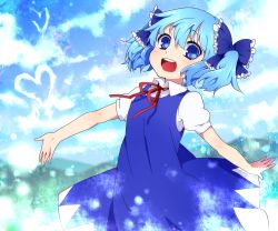Rule 34 | 1girl, alternate hairstyle, bad id, bad pixiv id, blue eyes, blue hair, bow, cirno, frills, hair bow, heart, kurasaki moroko, looking at viewer, matching hair/eyes, open mouth, outstretched arm, short hair, short twintails, smile, solo, touhou, twintails