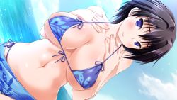Rule 34 | 1girl, bare arms, bare shoulders, beach, bikini, bikini top only, black hair, blue eyes, blush, breasts, cleavage, cloud, curvy, dutch angle, covered erect nipples, game cg, hands on own chest, huge breasts, legs, looking at viewer, navel, ocean, outdoors, puffy nipples, sarong, sengo muramasa: ken no gaika, short hair, sky, smile, solo, standing, swimsuit, thighs, water, wide hips, yameta takashi