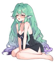 absurdres aqua_hair barefoot between_legs black_nightgown blush breasts cleavage commentary english_commentary finana_ryugu fins gradient_hair hand_between_legs head_fins highres long_hair medium_breasts multicolored_hair nightgown nijisanji nijisanji_en one_eye_closed purple_eyes scales seion simple_background sitting very_long_hair virtual_youtuber wariza white_background yawning