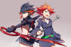 Rule 34 | 2girls, ahoge, amanda o&#039;neill, back-to-back, belt, black hair, black skirt, blue eyes, breasts, closed mouth, company connection, crossover, dress, female focus, green eyes, hair between eyes, hair ornament, holding, holding wand, holding weapon, kill la kill, little witch academia, looking at viewer, looking back, matoi ryuuko, midriff, multicolored hair, multiple girls, neck, open mouth, orange hair, red hair, revealing clothes, round teeth, scissor blade (kill la kill), senketsu, serious, skirt, smile, standing, suspenders, teeth, tomboy, trait connection, trigger (company), two-tone hair, underboob, wand, weapon, witch