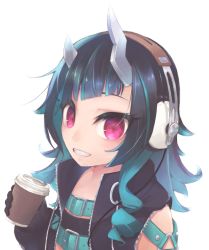 Rule 34 | 1girl, belt, belt bra, black gloves, black hair, black jacket, blue belt, blue hair, blush, chest belt, clothing cutout, commentary request, cup, demon girl, demon horns, disposable coffee cup, disposable cup, flat chest, gloves, grin, headphones, holding, holding cup, horns, jacket, long hair, looking at viewer, multicolored hair, nanashi inc., open clothes, open jacket, red eyes, shishio chris, shoulder cutout, simple background, smile, solo, sugar lyric, transparent background, two-tone hair, upper body, virtual youtuber, vita mineral, zipper