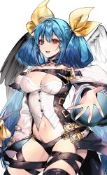 Rule 34 | 1girl, absurdres, angel wings, asymmetrical wings, bare shoulders, belt, black panties, blue hair, breasts, choker, cleavage, clothing cutout, collarbone, detached collar, detached sleeves, dizzy (guilty gear), groin, guilty gear, guilty gear xrd, hair between eyes, hair ribbon, hair rings, highres, kasumi koujou, large breasts, long hair, looking at viewer, mature female, midriff, monster girl, navel, open mouth, outstretched arms, panties, red eyes, ribbon, sidelocks, skindentation, solo, tail, tail ornament, tail ribbon, thick thighs, thigh strap, thighs, transparent background, twintails, underwear, wings, yellow ribbon