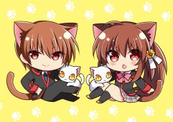 Rule 34 | &gt;:), 1boy, 1girl, ahoge, animal ear fluff, animal ears, arm at side, black jacket, black pants, blue necktie, blush, bow, brother and sister, brown hair, brown tail, cat, cat boy, cat ears, cat girl, cat tail, chestnut mouth, chibi, closed mouth, commentary request, eyes visible through hair, fang, grey skirt, hand on own hip, hano haruka, jacket, knees up, little busters!, little busters! school uniform, long sleeves, looking at viewer, miniskirt, natsume kyousuke, natsume rin, necktie, open mouth, pants, paw print, pink bow, plaid, plaid skirt, pleated skirt, red eyes, school uniform, short hair, siblings, simple background, skin fang, skirt, smile, tail, tail raised, v-shaped eyebrows, white cat, yellow background