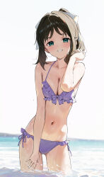 1girl absurdres bikini bra breasts brown_hair commission gin00 green_eyes highres kohinata_miku long_hair medium_breasts navel ocean panties pixiv_commission ponytail purple_bra purple_panties see-through_clothes senki_zesshou_symphogear side-tie_bikini_bottom sidelocks swimsuit thighs underwear