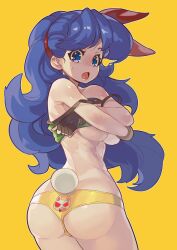 Rule 34 | 1girl, absurdres, ass, back-print panties, black gloves, breasts, collarbone, crop top, curly hair, dragon ball, eyelashes, fengmo, fingerless gloves, gloves, green tank top, hairband, highres, large breasts, long hair, lunch (dragon ball), lunch (good) (dragon ball), panties, print panties, purple eyes, purple hair, rabbit tail, red hairband, simple background, solo, sweatdrop, tail, tank top, underboob, underwear, undressing, very long hair, yellow background, yellow panties