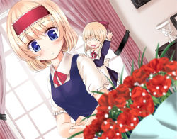 Rule 34 | 1girl, a (aaaaaaaaaaw), alice margatroid, apron, arm up, blue eyes, blush, bouquet, bow, closed umbrella, curtains, female focus, flower, hair bow, hairband, looking at viewer, open mouth, puffy sleeves, shanghai doll, shirt, short sleeves, smile, solo, touhou, umbrella, waist apron, window