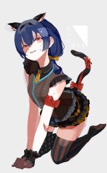 Rule 34 | 1girl, absurdres, animal ear hairband, animal ears, arm strap, arm support, asymmetrical legwear, black collar, black gloves, black hairband, black skirt, black thighhighs, blue hair, blue skirt, blue thighhighs, bow, breasts, cat tail, collar, collared shirt, commentary, commentary request, fake animal ears, fangs, feet, frilled skirt, frilled sleeves, frilled vest, frills, full body, furrowed brow, gloves, grey vest, hair between eyes, hair bow, hairband, highres, idol, idol clothes, idolmaster, idolmaster shiny colors, light smile, looking at viewer, mismatched legwear, morino rinze, multicolored clothes, multicolored skirt, necktie, odayaka (ekaku tempa), own hands together, polka dot, polka dot bow, polka dot necktie, polka dot skirt, polka dot thighhighs, red bow, red eyes, shirt, side ponytail, skirt, sleeveless, sleeveless shirt, small breasts, soles, solo, striped clothes, striped thighhighs, sweat, tail, teeth, thighhighs, upper teeth only, vest, white background, yellow bow, yellow necktie, yellow skirt, zettai ryouiki
