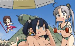 Rule 34 | 3girls, ahoge, aircraft, airplane, akitsushima (kancolle), beach umbrella, bikini, blue eyes, blue hair, blue sky, bow, breasts, brown hair, cleavage, commentary, cosplay, dated, day, drill hair, drink, closed eyes, fate/grand order, fate (series), gae bolg (fate), gradient sky, green bikini, grey eyes, grey hair, hair bow, hamu koutarou, harukaze (kancolle), hat, highres, kantai collection, large breasts, long hair, lying, medium breasts, mini hat, multiple girls, nishikitaitei-chan, noto mamiko, on stomach, open mouth, out-of-frame censoring, outdoors, pink bikini, pink sarong, polka dot, polka dot bikini, red bow, sarong, scathach (fate), scathach (fate), scathach (swimsuit assassin) (fate), scathach (swimsuit assassin) (fate) (cosplay), voice actor connection, side ponytail, sidelocks, sky, smile, souryuu (kancolle), swimsuit, topless, twin drills, twintails, umbrella, x navel