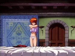Rule 34 | 1girl, animated, animated gif, anime screenshot, bastard!!, bed, brown hair, lowres, navel, pant, teasing, tia noto yoko, undressing
