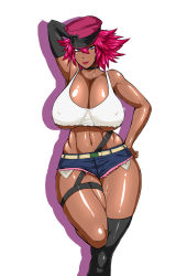 Rule 34 | 1girl, arm behind head, asymmetrical clothes, belt, blue eyes, breasts, choker, covered erect nipples, crop top, dark-skinned female, dark skin, denim, denim shorts, elbow gloves, female focus, final fight, gloves, hand on own hip, hat, huge breasts, lipstick, makeup, midriff, ml, navel, pink hair, poison (final fight), sagging breasts, shiny skin, short hair, short shorts, shorts, single thighhigh, smile, solo, street fighter, street fighter v, tank top, thick thighs, thighhighs, thighs, toned, underboob, undersized clothes, wide hips