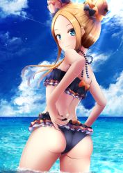 Rule 34 | 1girl, abigail williams (emerald float) (fate), abigail williams (fate), adjusting clothes, adjusting swimsuit, ass, back, bare shoulders, bikini, black bikini, black bow, blonde hair, blue eyes, blue sky, blush, bow, breasts, closed mouth, day, double bun, emerald float, fate/grand order, fate (series), forehead, frilled bikini, frills, hair bow, hair bun, highres, kuro yanagi, long hair, looking at viewer, ocean, official alternate costume, orange bow, parted bangs, sky, small breasts, smile, solo, swimsuit, thighs, wading