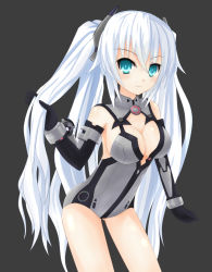 Rule 34 | 10s, 1girl, adjusting hair, aqua eyes, armlet, bare shoulders, black background, black heart (neptunia), blush, bracer, breasts, cleavage, cleavage cutout, clenched hand, clothing cutout, cowboy shot, elbow gloves, female focus, gloves, hair between eyes, halterneck, headgear, kami jigen game neptune v, large breasts, leaning forward, leotard, light smile, long hair, looking at viewer, magical girl, neptune (series), noire (neptunia), power symbol, power symbol-shaped pupils, sarvuant, sideboob, simple background, smile, solo, symbol-shaped pupils, turtleneck, twintails, very long hair, white hair