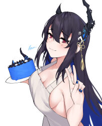 Rule 34 | 1girl, absurdres, apron, asymmetrical horns, bare shoulders, birthday, birthday cake, black hair, blue hair, breasts, cake, colored inner hair, dasdokter, demon horns, food, highres, hololive, hololive english, horns, large breasts, long hair, looking at viewer, mole, mole under eye, multicolored hair, nail polish, naked apron, nerissa ravencroft, red eyes, solo, two-tone hair, uneven horns, virtual youtuber, white apron