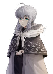 Rule 34 | 1girl, ahoge, black capelet, cape, capelet, cloak, clutching clothes, cotta (heleif), fate (series), fur trim, gray (fate), green eyes, grey cape, grey hair, highres, hood, hooded cloak, looking at viewer, lord el-melloi ii case files, open mouth, ribbon, simple background, solo, standing, white background, white ribbon