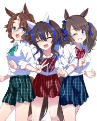 Rule 34 | 3girls, animal ears, aqua eyes, blue eyes, blue hair, blue skirt, blush, bow, breasts, brown hair, clenched hands, closed eyes, collared shirt, colored inner hair, commentary request, cowboy shot, daitaku helios (umamusume), ear covers, ear ornament, ear piercing, facing viewer, green bow, green skirt, grin, hair between eyes, hair ornament, hairclip, highres, horse ears, horse girl, horse tail, locked arms, looking at viewer, medium breasts, medium hair, mejiro palmer (umamusume), multicolored hair, multiple girls, nerukichikatafukuma, open mouth, piercing, plaid, plaid skirt, red bow, red skirt, shirt, short sleeves, simple background, skirt, smile, streaked hair, striped bow, tail, tosen jordan (umamusume), twintails, umamusume, v, white background, white hair