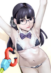 Rule 34 | 1girl, armpits, arms up, bikini, black-framed eyewear, black bikini, black bow, black eyes, black hair, bow, bowtie, breasts, closed mouth, cowboy shot, detached collar, expressionless, frilled bikini, frills, glasses, hair bow, halterneck, highres, inamitsu shinji, lips, long hair, looking at viewer, lowleg, lowleg bikini, medium breasts, micro bikini, navel, original, paid reward available, purple bow, purple bowtie, ribs, solo, stomach, swimsuit, tareme, twintails