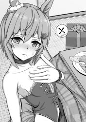 Rule 34 | 1girl, bare shoulders, blush, breasts, chicken (food), choker, clothing cutout, commentary request, ear covers, food, gift, hair ornament, hairpin, hand on own chest, highres, indoors, kotatsu, monochrome, navel, navel cutout, nose blush, seiun sky (umamusume), single ear cover, small breasts, speech bubble, strapless, sweat, table, umamusume, under kotatsu, under table, zenrakishi