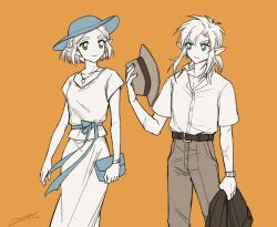 Rule 34 | 1boy, 1girl, alternate costume, bag, belt, blue eyes, collarbone, commentary, contemporary, ear piercing, fedora, green eyes, hat, highres, holding, holding bag, holding clothes, jacket, jewelry, limited palette, link, long skirt, looking at another, looking to the side, medium hair, mouyi, necklace, nintendo, orange background, pants, piercing, pointy ears, princess zelda, scar, shirt, short hair, signature, simple background, skirt, spot color, the legend of zelda, the legend of zelda: tears of the kingdom, unworn jacket, watch, wristwatch