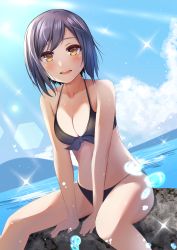 Rule 34 | 1girl, bikini, black bikini, black hair, blue sky, breasts, brown eyes, cleavage, cloud, commentary request, day, dutch angle, feet out of frame, front-tie top, highres, horizon, lens flare, looking at viewer, maimaiko, medium breasts, nijisanji, ocean, outdoors, revision, rock, shizuka rin, short hair, sitting, sky, smile, solo, swimsuit, virtual youtuber, water
