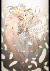 Rule 34 | 1girl, armlet, ass, blonde hair, blue eyes, blush, breasts, english text, hair between eyes, head tilt, head wings, headgear, lens flare, long hair, looking at viewer, medium breasts, nude, original, parted lips, pillarboxed, shirousagi uyu, silver, smile, solo, thighlet, wings