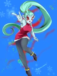 Rule 34 | 1girl, absurdres, bare shoulders, blue hair, blue skin, blush, christmas, christmas sweater, colored skin, demon girl, dragon ball, dragon ball heroes, flatpancakesjim, fluffy collar, hand up, highres, long hair, markings, one knee up, pointing, pointing up, pointy ears, ponytail, putine (dragon ball), simple background, smile