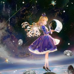 Rule 34 | 1girl, alice (alice in wonderland), alice in wonderland, apron, blonde hair, blue bow, blue dress, blue eyes, bow, coin, commentary, dress, earth (planet), english commentary, floating hair, from side, hair bow, helmet, holding, instagram username, juliet sleeves, long hair, long sleeves, looking at viewer, looking to the side, pixiv id, planet, puffy sleeves, say hana, signature, solo, space, space helmet, twitter username, very long hair, white apron