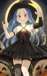 Rule 34 | 1girl, absurdres, armlet, boku no hero academia, closed mouth, detached sleeves, dress, eri (boku no hero academia), facing viewer, fengling (furin-jp), full moon, grey hair, halloween costume, hands up, hat, highres, horns, jack-o&#039;-lantern, long hair, looking at viewer, moon, night, outdoors, pumpkin, red eyes, single detached sleeve, single horn, single sleeve, single thighhigh, smile, solo, standing, thighhighs, thighlet, witch, witch hat