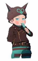 Rule 34 | 1boy, animal ear headwear, animal ears, aqua bodysuit, aqua eyes, beanie, black bodysuit, black hat, black jacket, black sleeves, blush stickers, bodysuit, brown hair, buttons, cat ears, collared jacket, commentary request, cowboy shot, danganronpa (series), danganronpa v3: killing harmony, eating, fake animal ears, food, half-closed eyes, hand in pocket, hat, holding, holding food, holding popsicle, hoshi ryoma, jacket, kogarashi 8, layered sleeves, leather, leather jacket, long sleeves, looking at viewer, male focus, mint chocolate, partial commentary, popsicle, prison clothes, short hair, simple background, solo, striped bodysuit, two-tone bodysuit, very short hair, white background, zipper, zipper pull tab