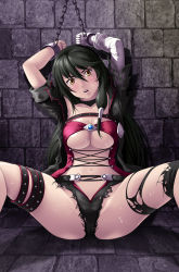 Rule 34 | 1girl, asymmetrical clothes, bandaged arm, bandages, bdsm, black hair, black neckwear, blush, bondage, bound, breasts, chain, choker, cleavage, collarbone, cuffed, gloves, long hair, medium breasts, midriff, navel, open mouth, parted lips, restrained, shorts, solo, spread legs, sweat, tales of (series), tales of berseria, teeth, thigh strap, thighhighs, thor (deep rising), torn clothes, torn thighhighs, underboob, velvet crowe, wall, yellow eyes