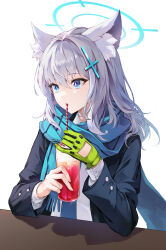 Rule 34 | 1girl, absurdres, animal ear fluff, animal ears, blazer, blue archive, blue eyes, blue jacket, blue scarf, cup, drinking straw, drinking straw in mouth, gloves, halo, highres, holding, holding cup, jacket, long hair, long sleeves, looking away, minj kim, scarf, shiroko (blue archive), shirt, single glove, solo, upper body, white background, white hair, white shirt