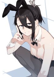 Rule 34 | 1girl, absurdres, animal ears, black hair, black leotard, bow, bowtie, breasts, cigarette, cleavage, detached collar, fake animal ears, highres, holding, holding cigarette, leotard, looking at viewer, medium breasts, muchi maro, original, pantyhose, playboy bunny, rabbit ears, short ponytail, solo, squatting, strapless, strapless leotard, wrist cuffs