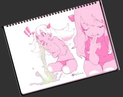 Rule 34 | !, !!, 2girls, bad id, bad pixiv id, bare shoulders, bulimia, colored skin, fishine, flat chest, horns, long hair, monochrome, monster girl, multiple girls, original, pink eyes, pink skin, sweat, tears, tongue, tongue out, underwear, vomit, vomiting, white hair