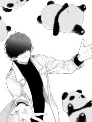 Rule 34 | arms up, black hair, hands up, kyuujitsu no warumono-san, long hair, looking up, panda, shirt, smile, warumono-san, white shirt