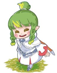 Rule 34 | 1girl, belt, bkub, blush stickers, braid, capelet, fictional persona, final fantasy, final fantasy xiv, full body, grass, green hair, holding, holding behind back, lalafell, looking at viewer, multicolored hair, pointy ears, robe, short hair, simple background, smile, solo, staff, topknot, twin braids, two-tone hair, warrior of light (ff14), white background, white capelet, white mage (final fantasy), white robe