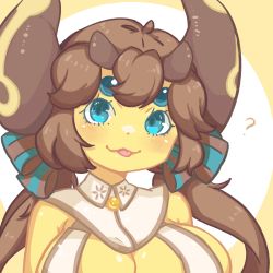 Rule 34 | 1149211418, 1girl, ?, alien, blue eyes, blush, bow, breasts, brown hair, brown horns, colored skin, detached collar, extra eyes, hair between eyes, hair bow, highres, horns, large breasts, monster girl, portrait, simple background, solo, stellaris (game), striped, striped bow, tongue, tongue out, yellow skin