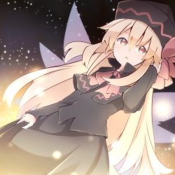 Rule 34 | 1girl, black capelet, black hat, black shirt, black skirt, blonde hair, brown hair, capelet, commentary request, eyes visible through hair, fairy wings, hair between eyes, hand in own hair, hat, highres, lily black, lily white, long hair, long skirt, long sleeves, open mouth, shirt, skirt, skirt set, solo, touhou, wings, yutamaro