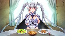...pointy_ears red_eyes silver_hair smile solo table twintails very_long_ha...