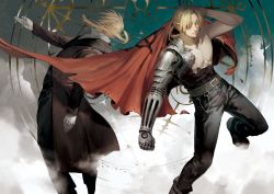 Rule 34 | 4boys, belt, blonde hair, cape, character request, dual persona, edward elric, fullmetal alchemist, gloves, hair over one eye, long coat, male focus, manly, mechanical arms, multiple boys, outstretched hand, pants, parted bangs, ponytail, prosthesis, red cape, single mechanical arm, topless male, torn clothes, white-corner, white gloves