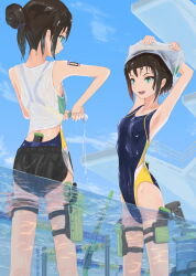 Rule 34 | 2girls, black hair, black shorts, blue eyes, blue one-piece swimsuit, blue sky, cloud, competition swimsuit, day, feet out of frame, hair bun, highres, holster, long hair, multicolored clothes, multicolored swimsuit, multiple girls, one-piece swimsuit, original, outdoors, partially underwater shot, sem (sempix), short hair, shorts, sky, swimsuit, swimsuit under clothes, tank top, thigh holster, undressing, wet, wet clothes, white tank top